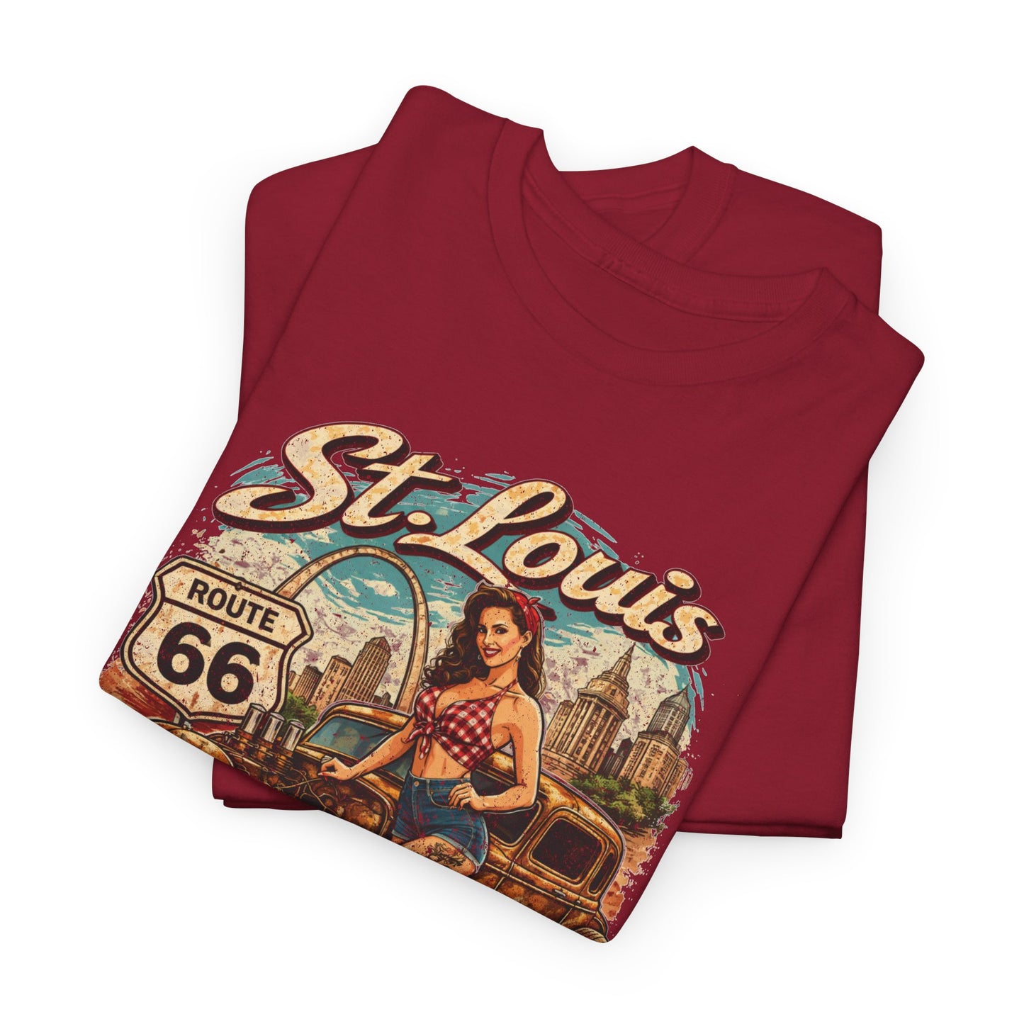 St. Louis Route 66 Vintage Car T‑Shirt — "Get Your Kicks" Retro Road Trip Tee Printify