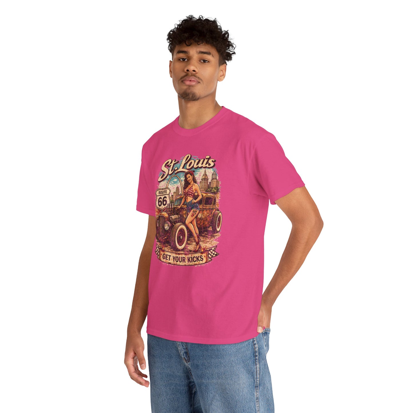 St. Louis Route 66 Vintage Car T‑Shirt — "Get Your Kicks" Retro Road Trip Tee Printify