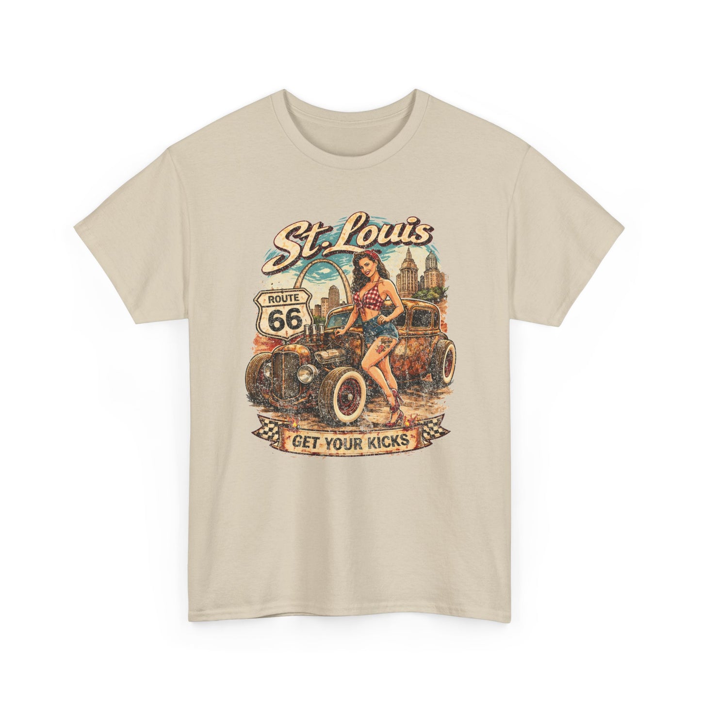 St. Louis Route 66 Vintage Car T‑Shirt — "Get Your Kicks" Retro Road Trip Tee Printify