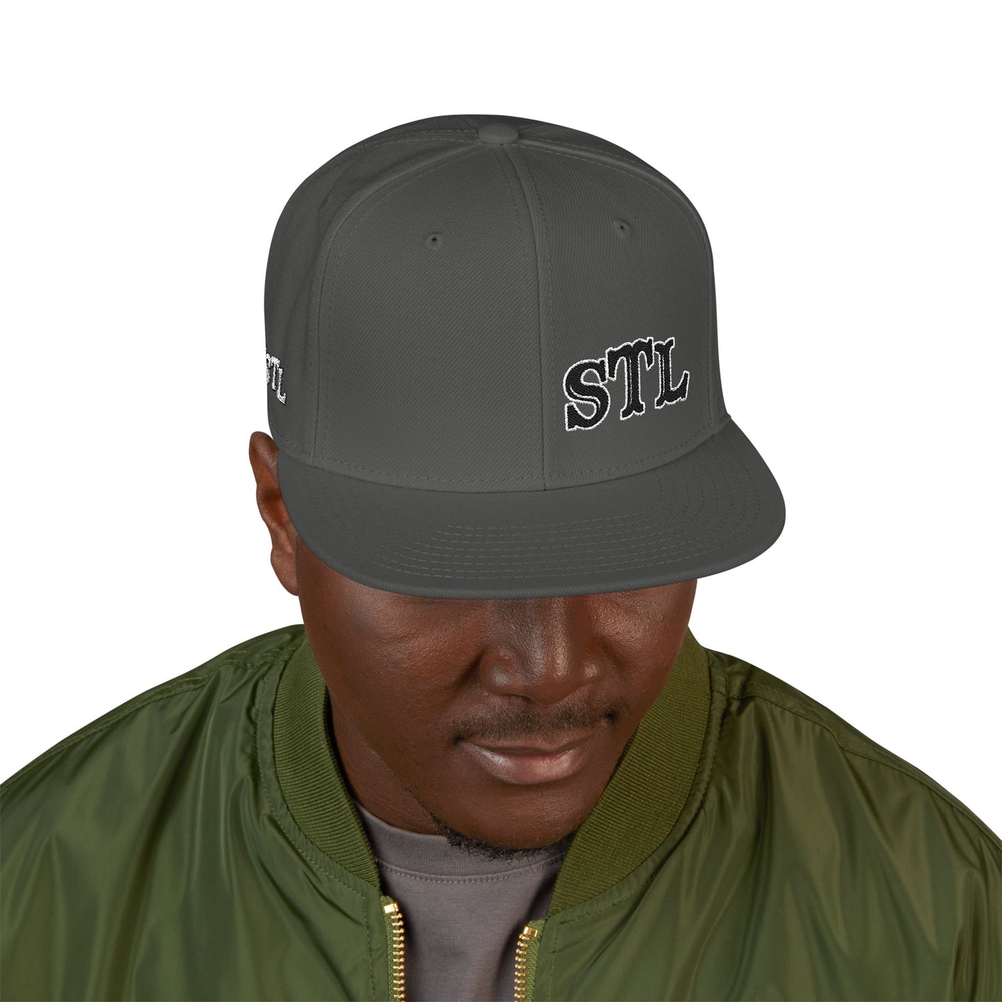 STL Embroidered Snapback Hat- Black & White Lettering Printify
