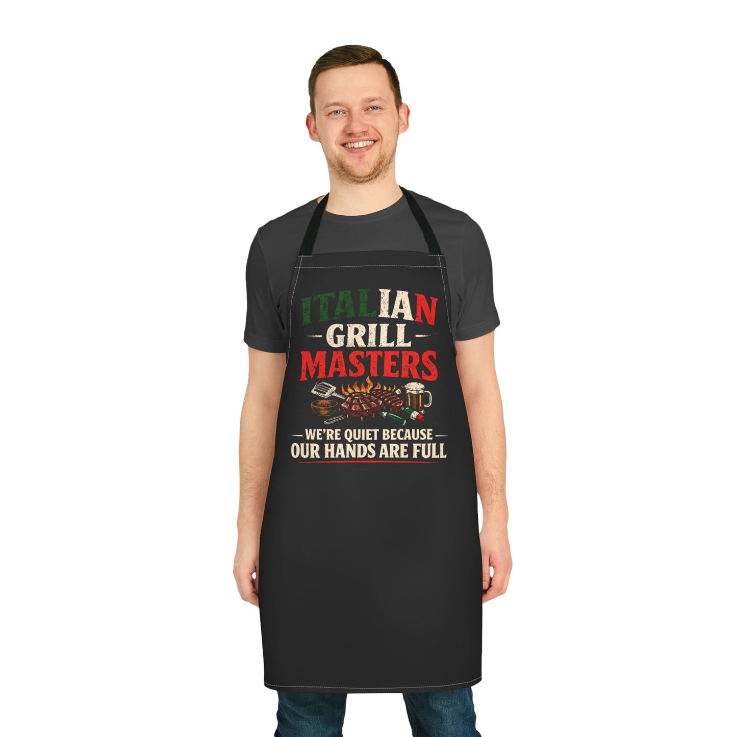 Italian Grill Masters Apron — "We're Quiet Because Our Hands Are Full" BBQ Cooking Apron ⚠️ Contains AI-generated models