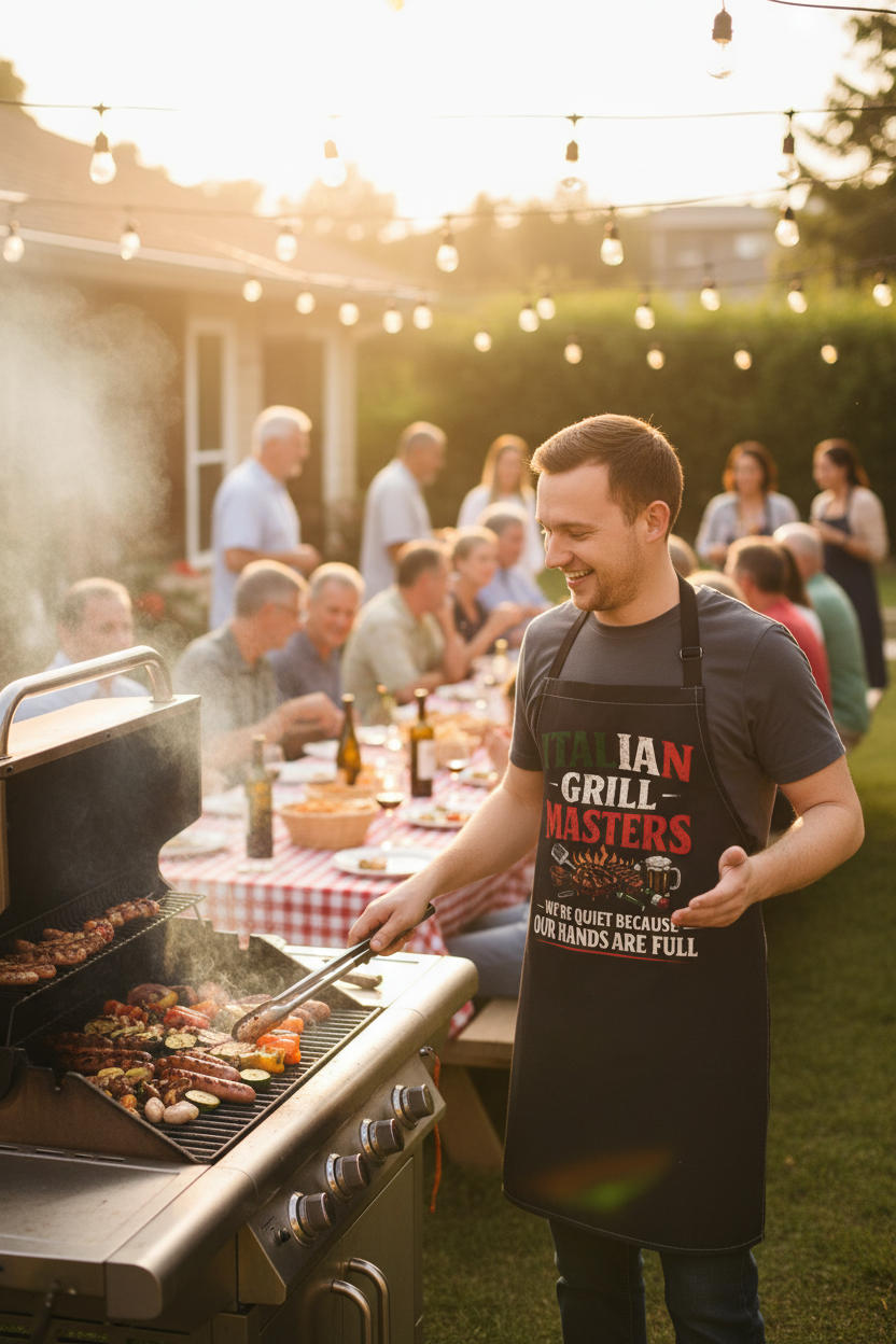 Italian Grill Masters Apron — "We're Quiet Because Our Hands Are Full" BBQ Cooking Apron ⚠️ Contains AI-generated models