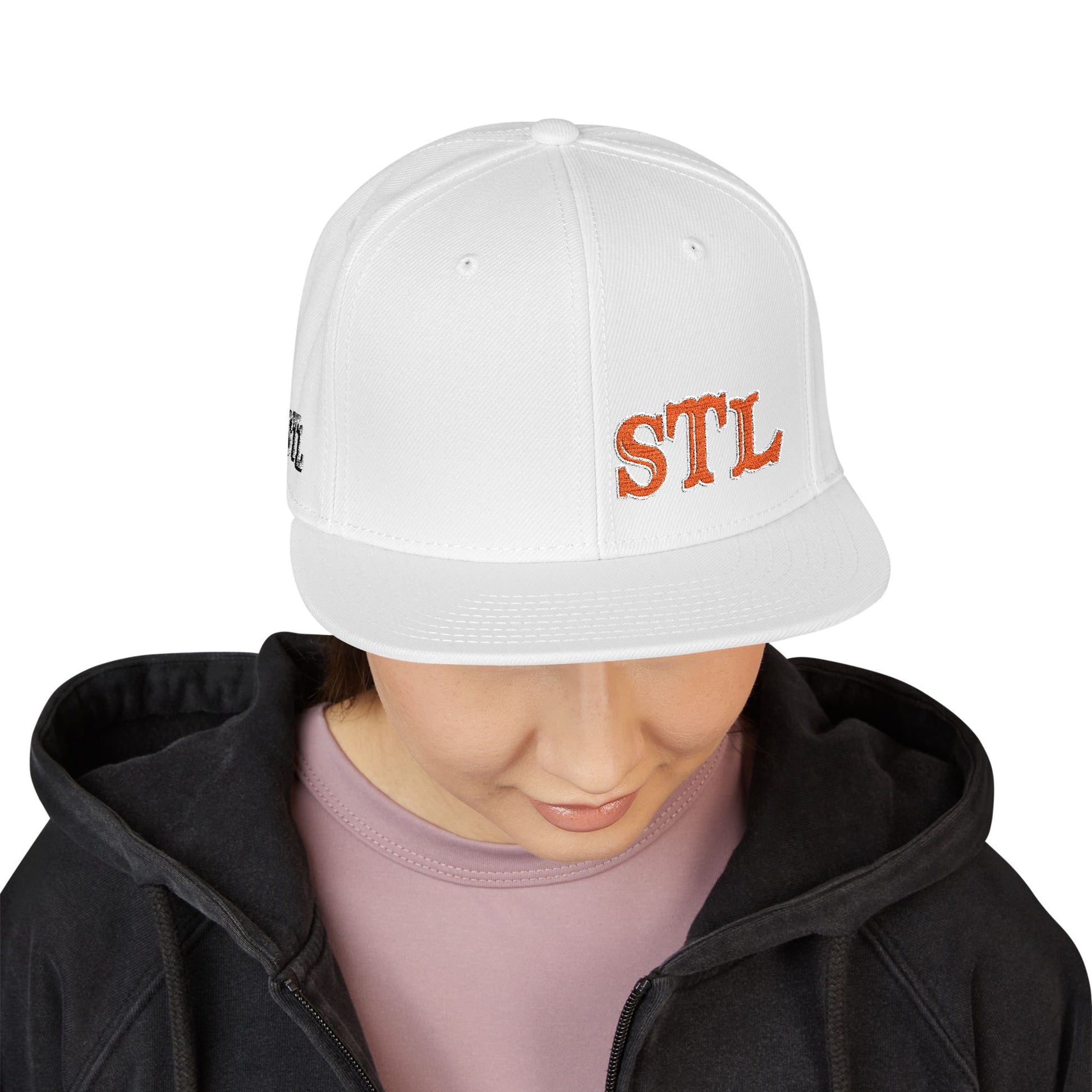 STL Embroidered Snapback Hat-Orange & White Lettering Printify