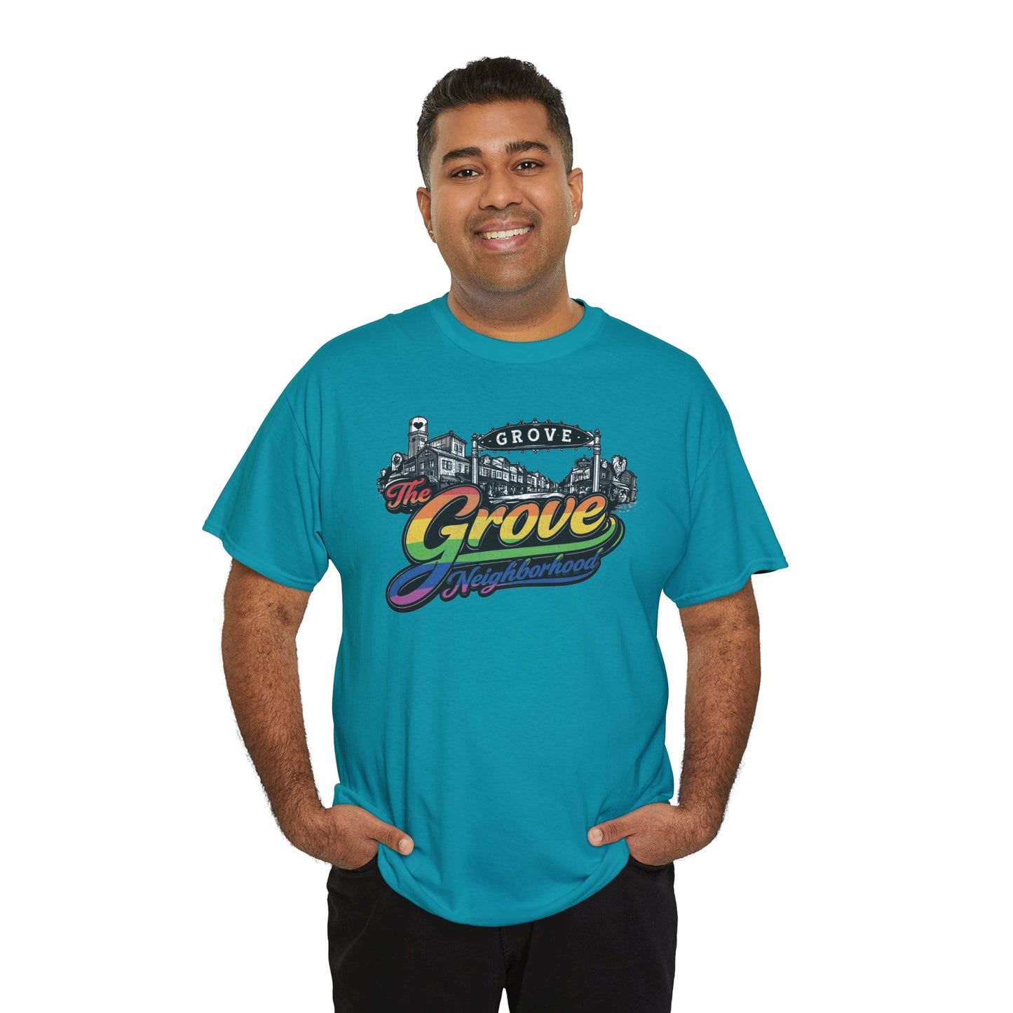 The Grove Neighborhood Tee — Retro Rainbow Logo T-Shirt