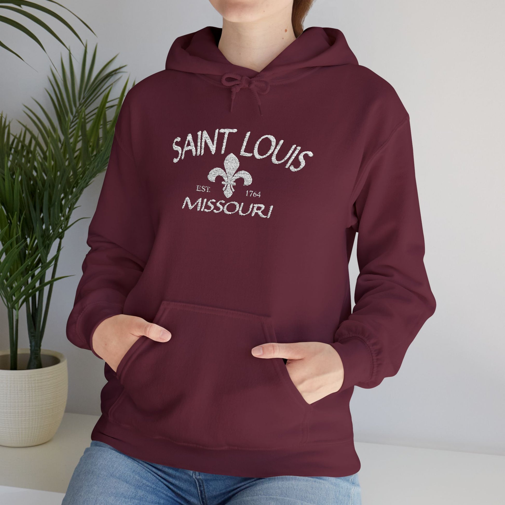 Saint Louis Missouri Embroidered Hoodie — White Lettering Printify