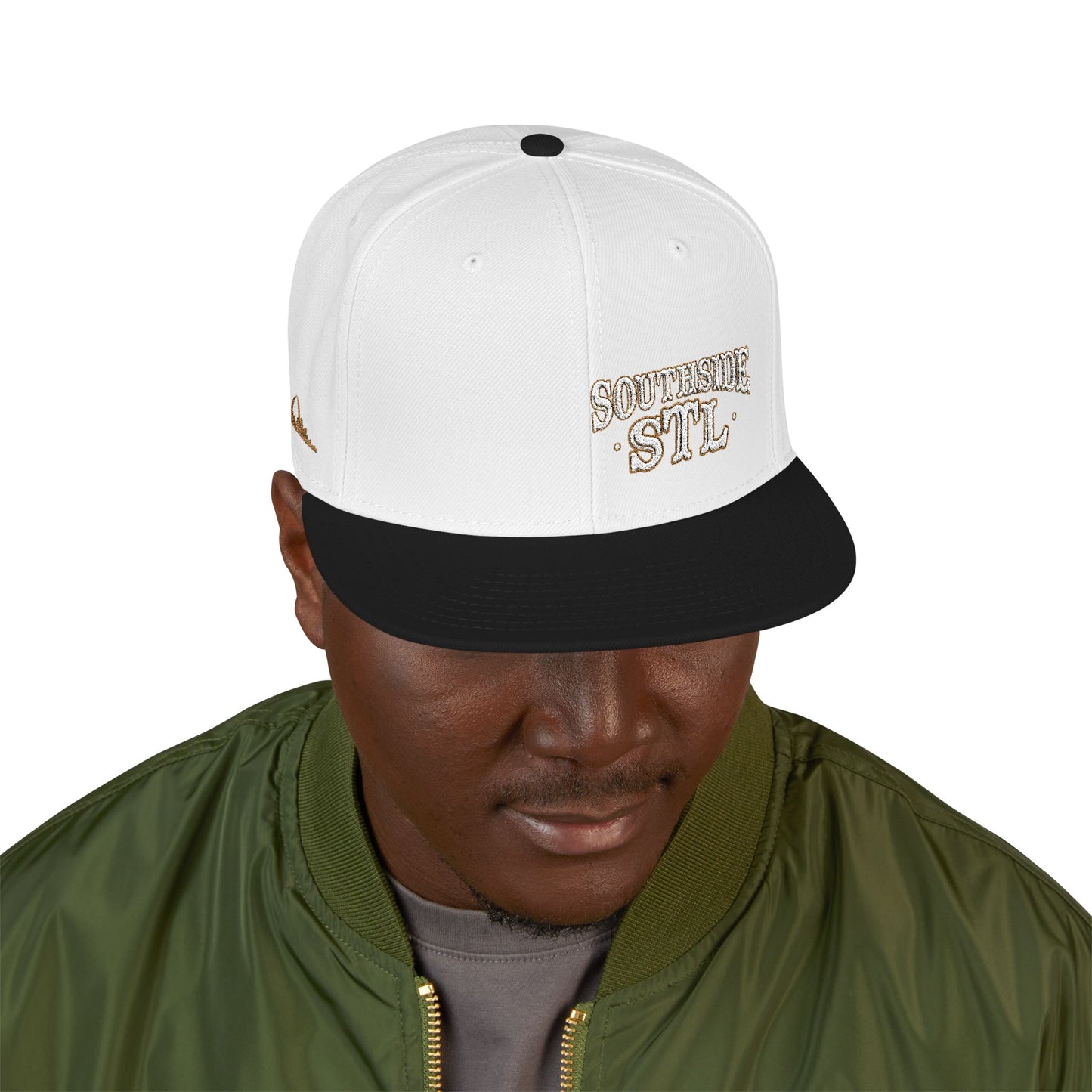 Embroidered Snapback Hat - Southside STL - White & Gold Lettering Printify