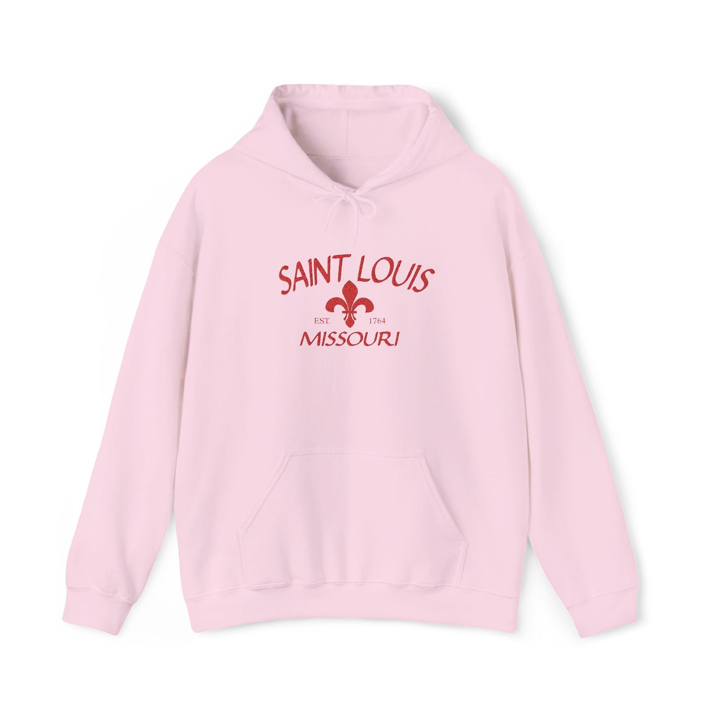 Saint Louis Missouri Embroidered Hoodie — Red Lettering