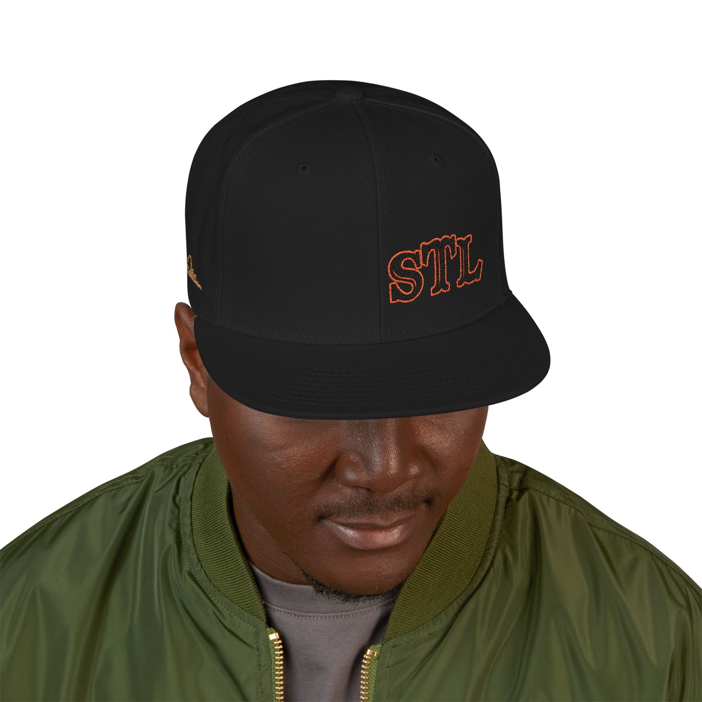 STL Embroidered Snapback Hat- Black & Orange Lettering Printify
