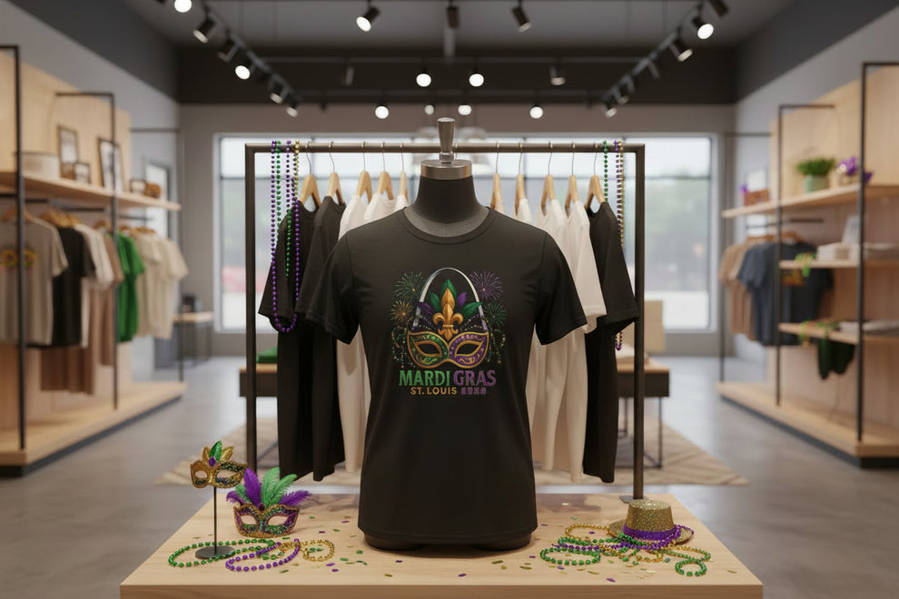 Mardi Gras Graphic T-Shirt — Festive Mask & Beads Tee
