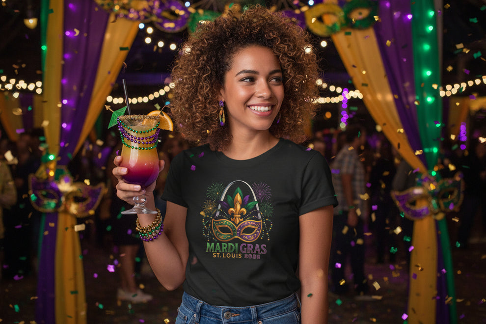 Mardi Gras Graphic T-Shirt — Festive Mask & Beads Tee
