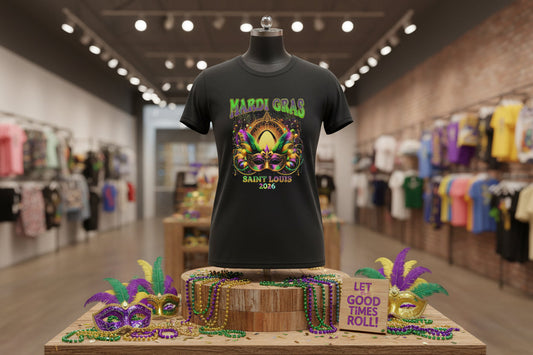 Mardi Gras Graphic Tee — Festive Carnival Mask & Beads Shirt