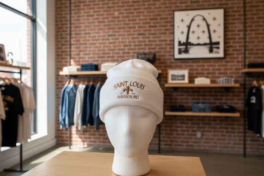 Saint Louis Embroidered Beanie — Brown Lettering
