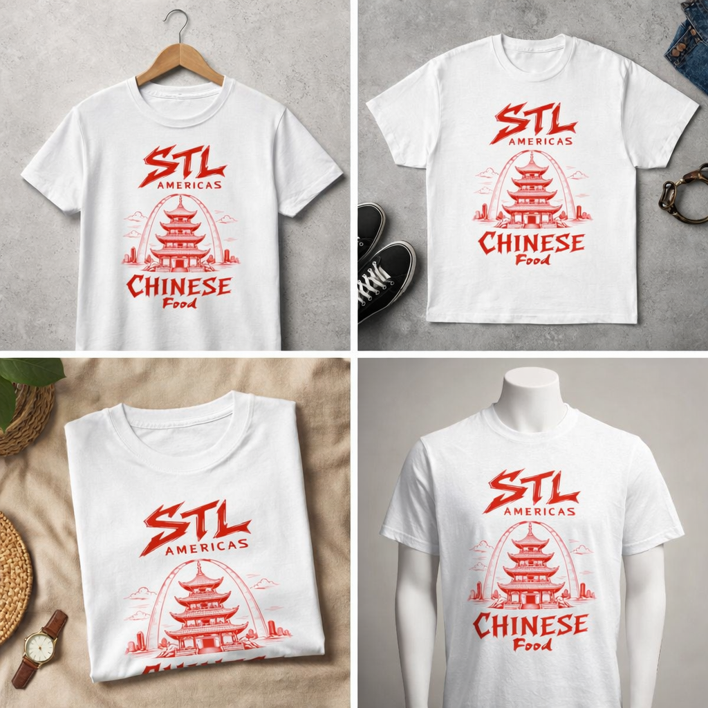 STL Americas Chinese Food T-Shirt — Retro Pagoda Graphic Tee⚠️ Contains AI-generated models