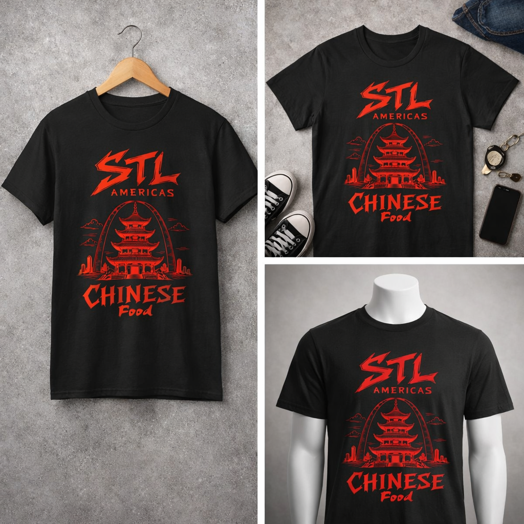 STL Americas Chinese Food T-Shirt — Retro Pagoda Graphic Tee⚠️ Contains AI-generated models