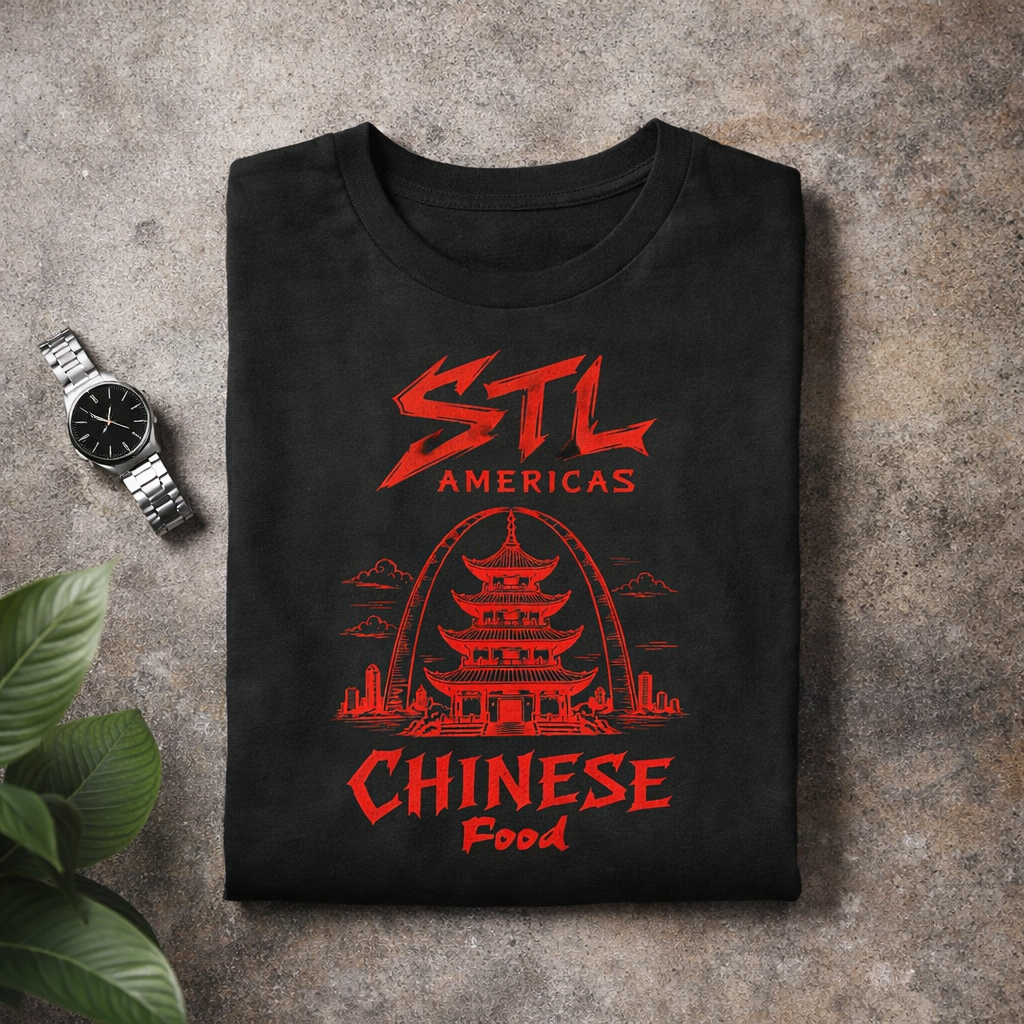 STL Americas Chinese Food T-Shirt — Retro Pagoda Graphic Tee⚠️ Contains AI-generated models