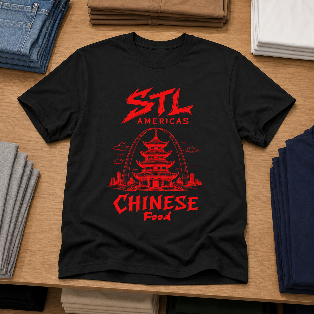 STL Americas Chinese Food T-Shirt — Retro Pagoda Graphic Tee⚠️ Contains AI-generated models