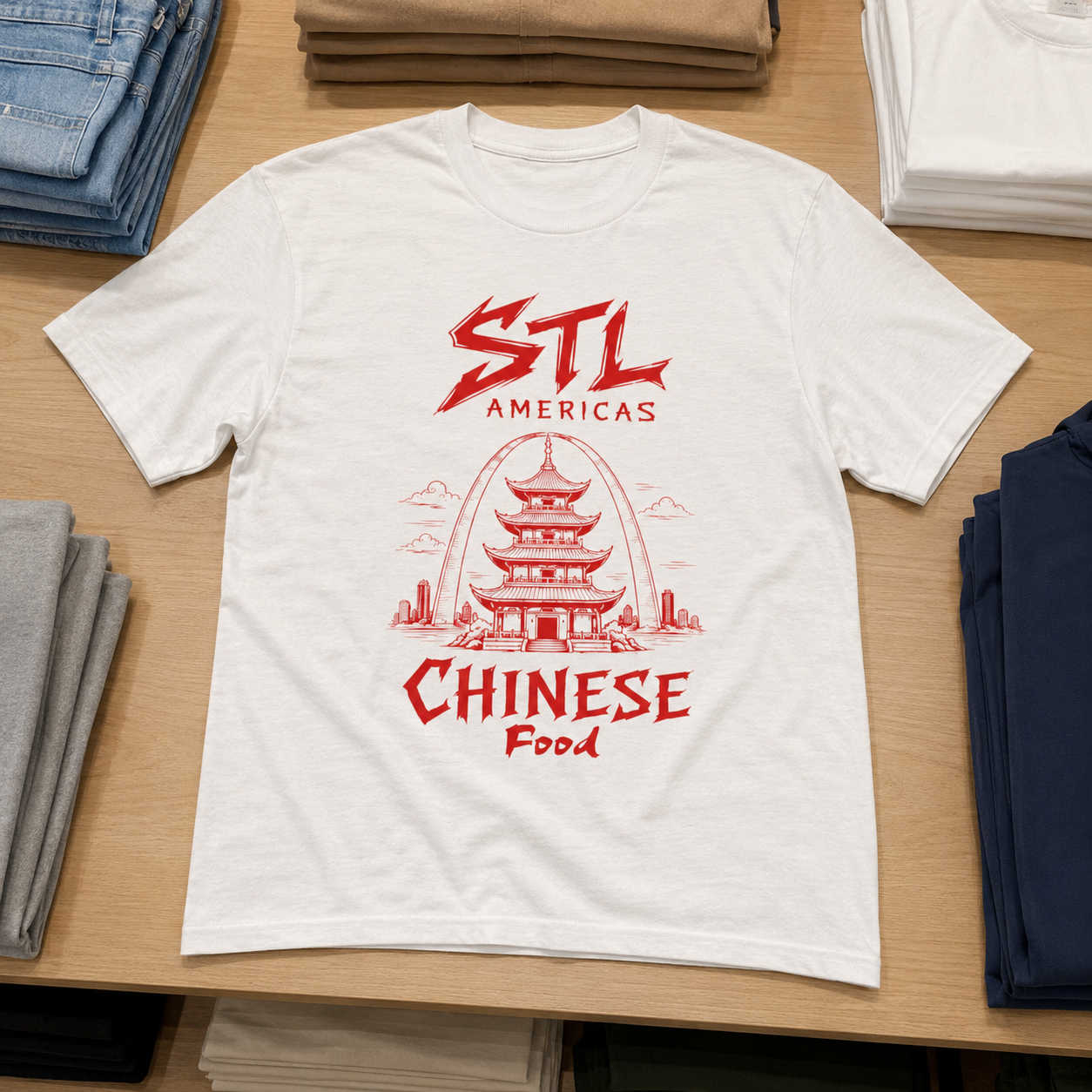 STL Americas Chinese Food T-Shirt — Retro Pagoda Graphic Tee⚠️ Contains AI-generated models