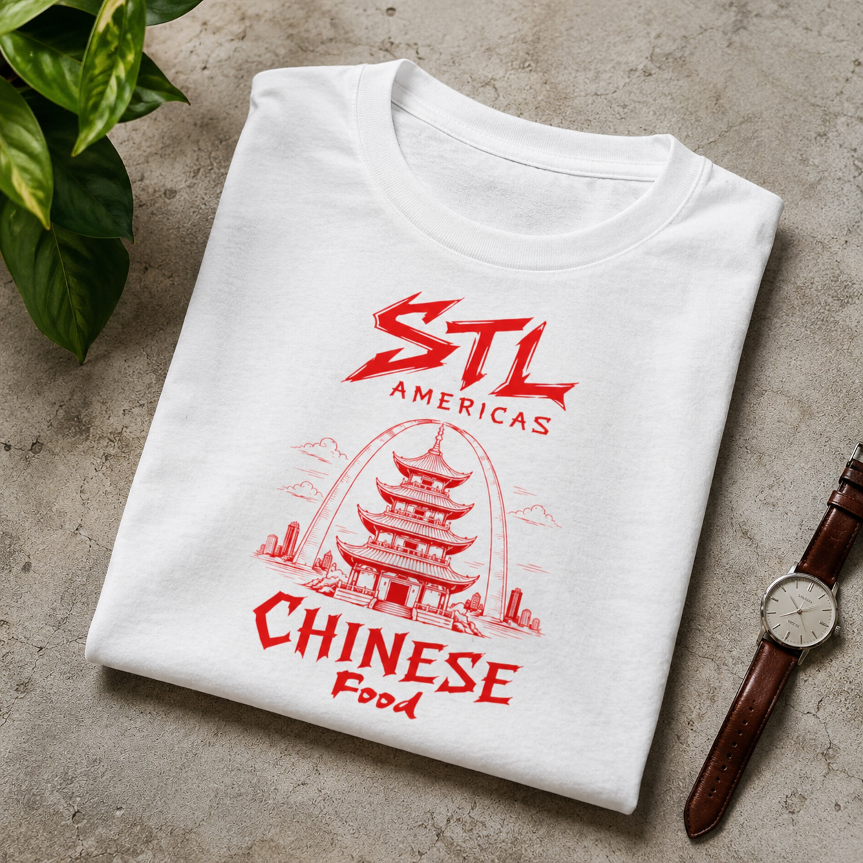 STL Americas Chinese Food T-Shirt — Retro Pagoda Graphic Tee⚠️ Contains AI-generated models