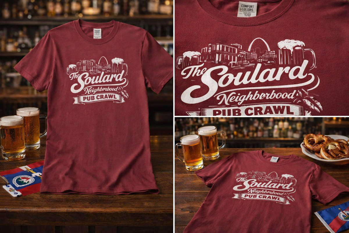 Comfort Colors Soulard Neighborhood Pub Crawl Tee | St. Louis Neighborhood Shirt | STL Bar Crawl Graphic | Unisex Vintage Style T‑Shirt