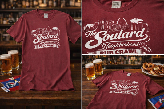 Comfort Colors Soulard Neighborhood Pub Crawl Tee | St. Louis Neighborhood Shirt | STL Bar Crawl Graphic | Unisex Vintage Style T‑Shirt