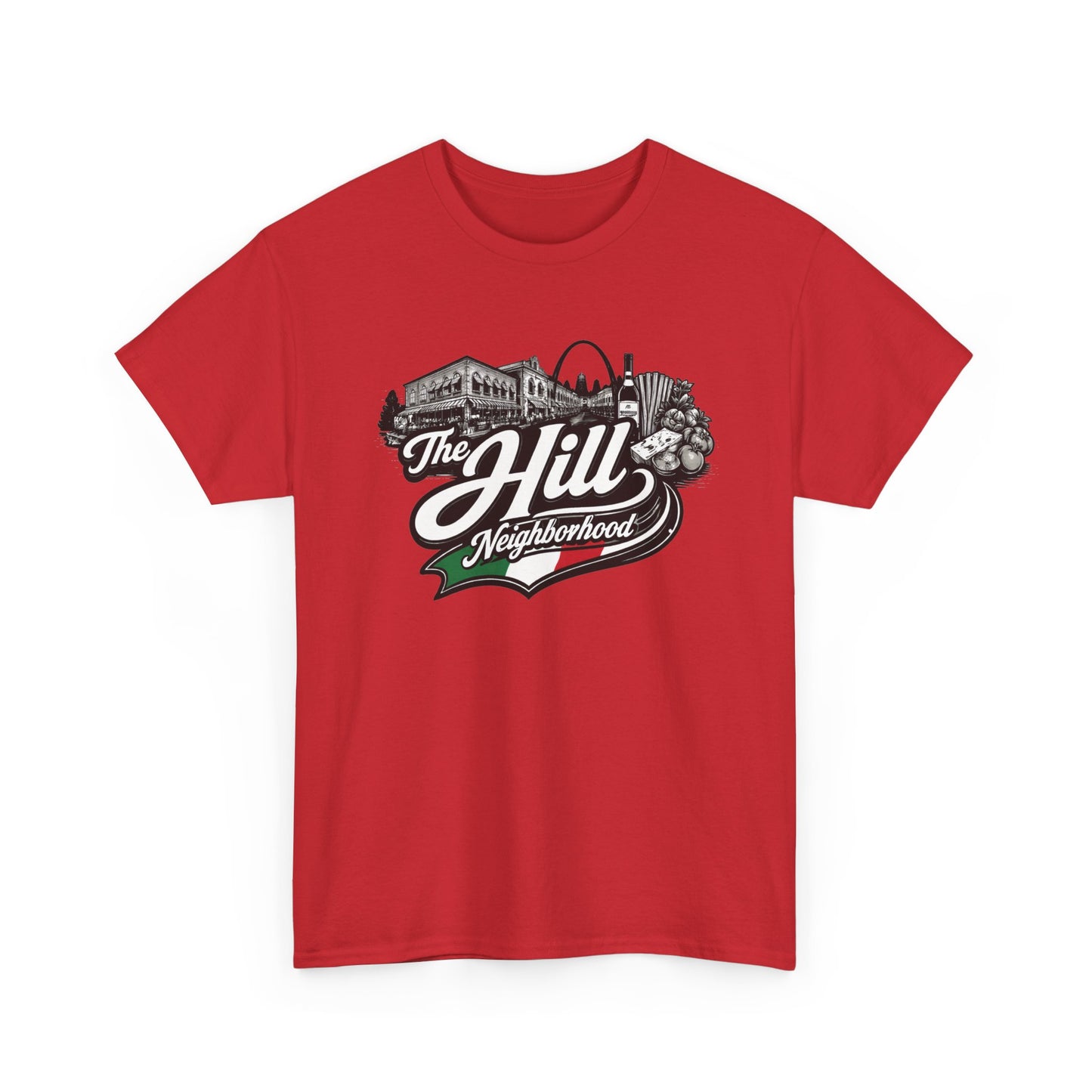 The Hill Neighborhood T-Shirt — Vintage Cityscape Tee with Red, White & Green Accents
