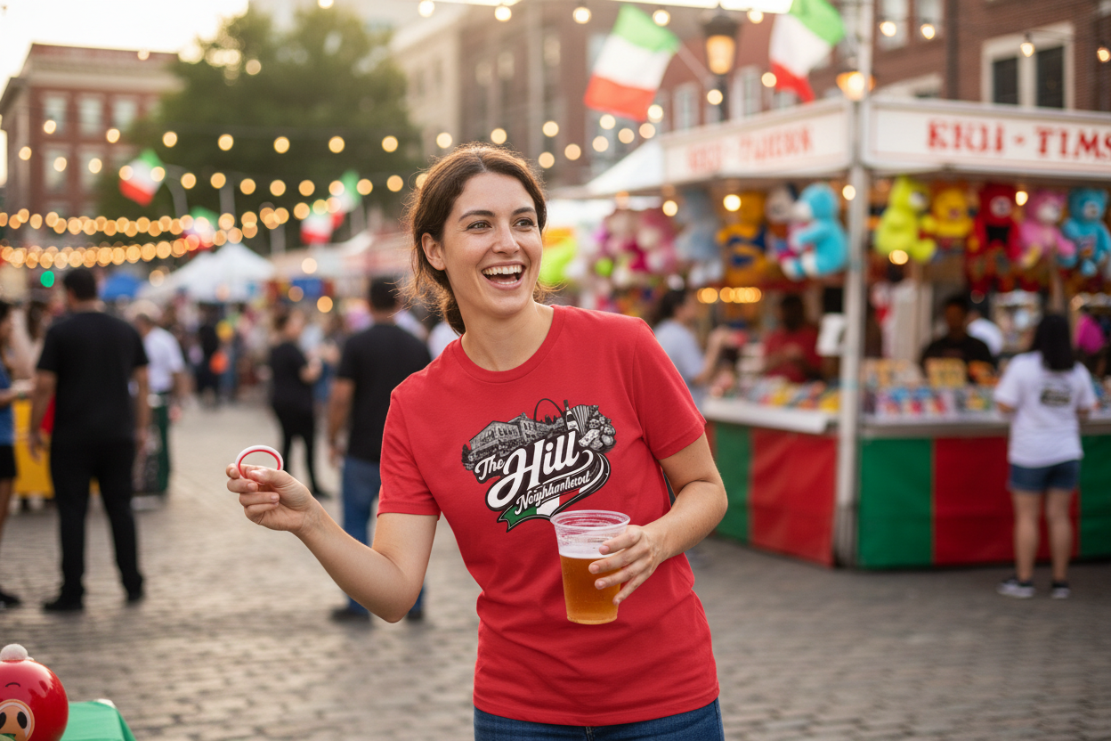 The Hill Neighborhood T-Shirt — Vintage Cityscape Tee with Red, White & Green Accents