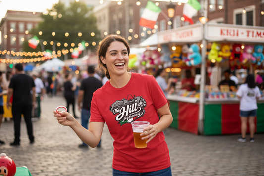 The Hill Neighborhood T-Shirt — Vintage Cityscape Tee with Red, White & Green Accents