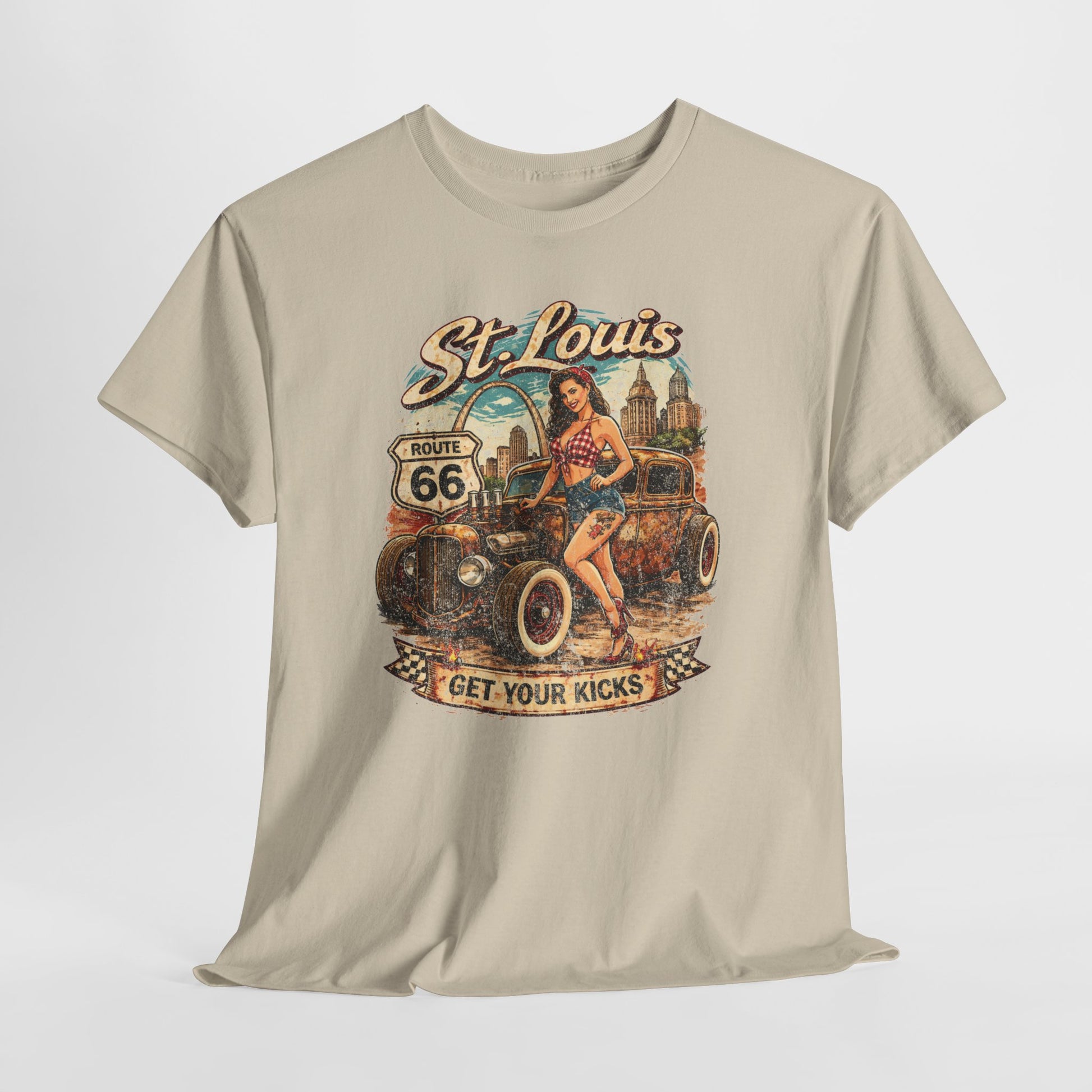 St. Louis Route 66 Vintage Car T‑Shirt — "Get Your Kicks" Retro Road Trip Tee Printify