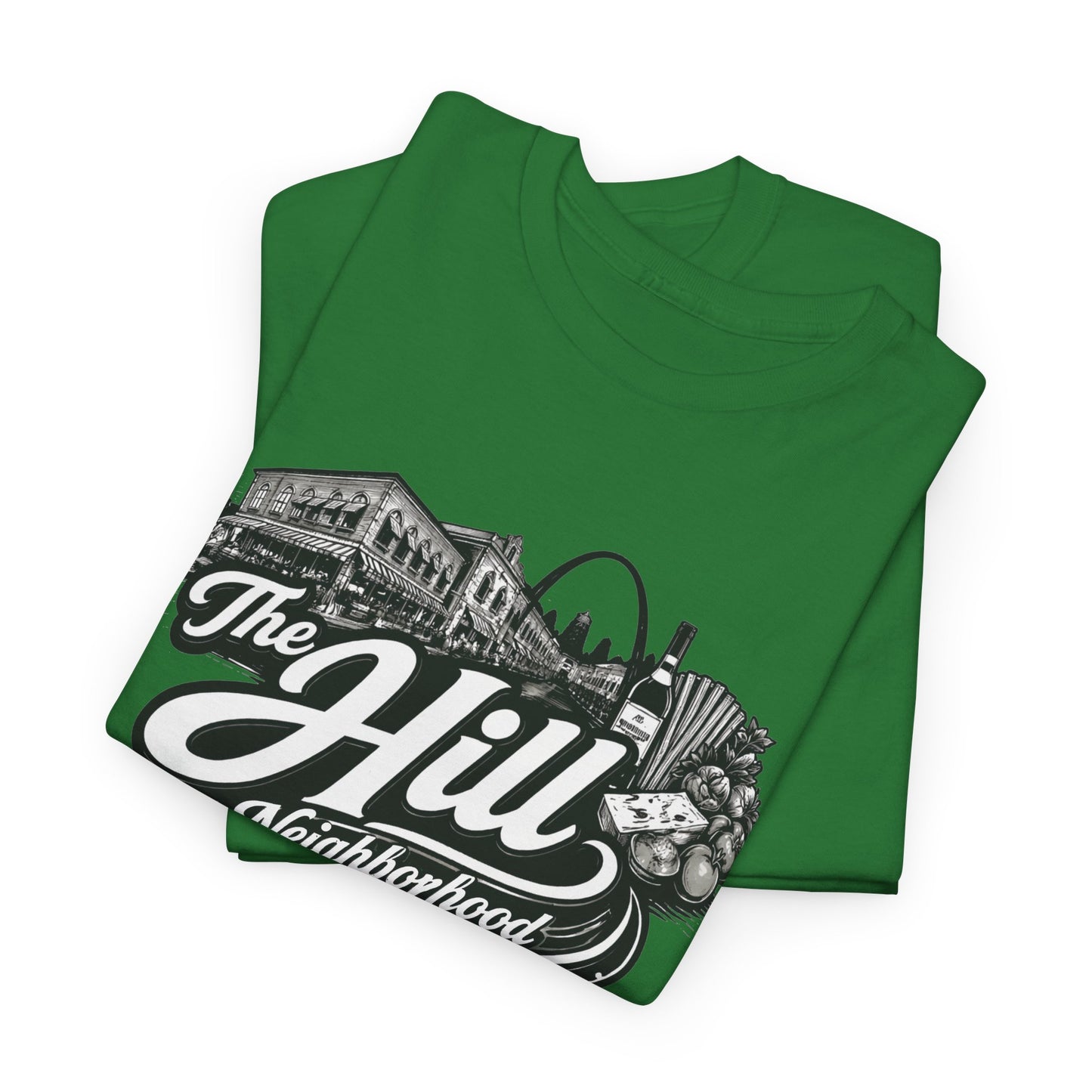 The Hill Neighborhood T-Shirt — Vintage Cityscape Tee with Red, White & Green Accents