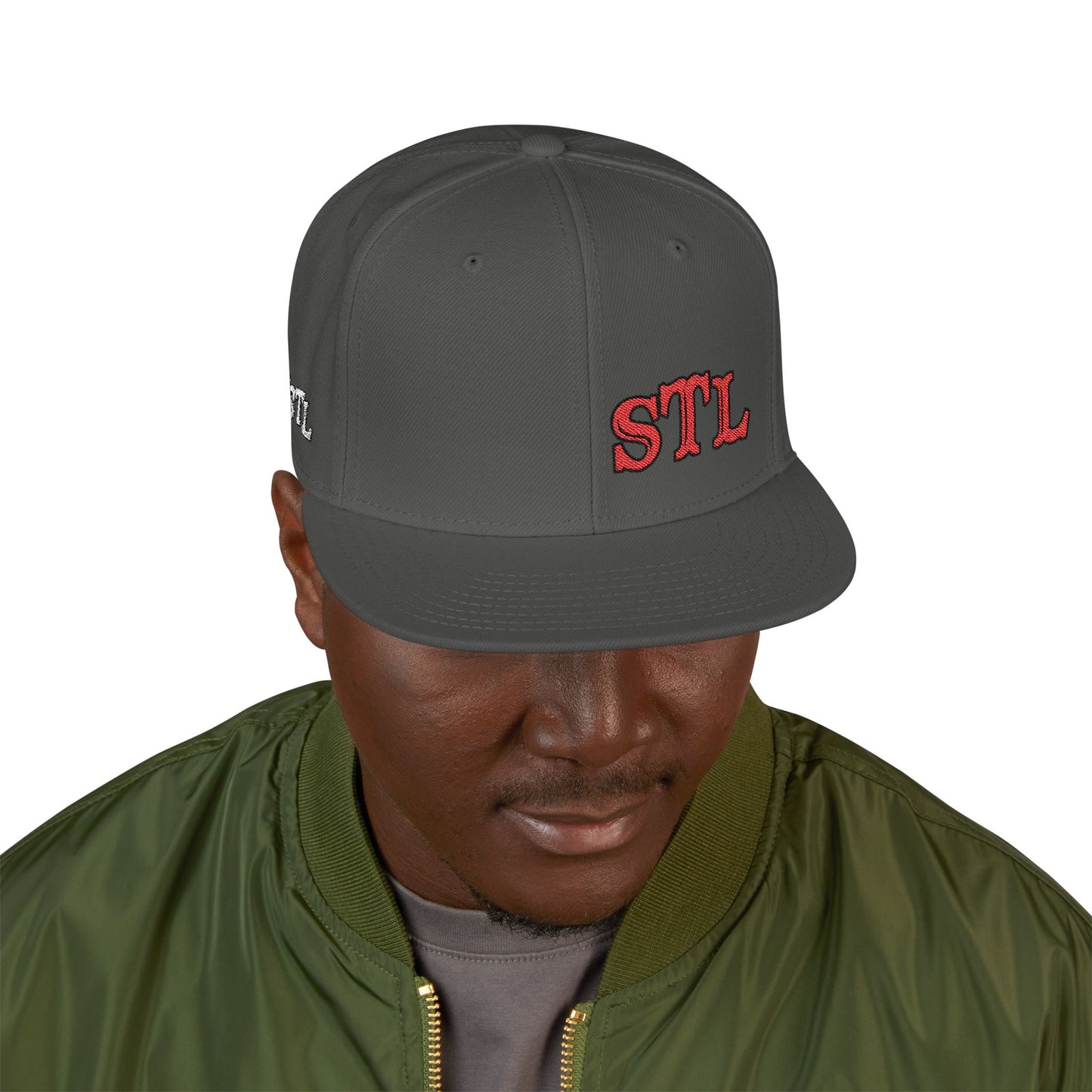 STL Embroidered Snapback Hat-Red & Black Lettering Printify