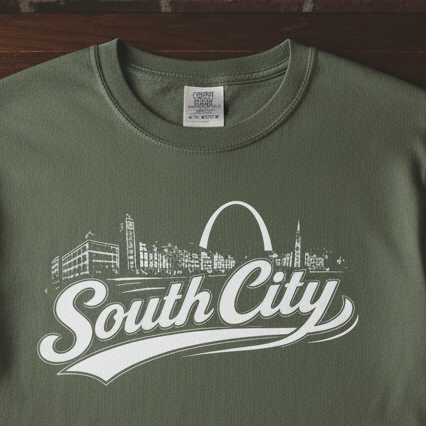 South City St. Louis Shirt Comfort Colors Tee | STL Arch Skyline Graphic | Vintage South City T‑Shirt | Saint Louis Neighborhood Apparel