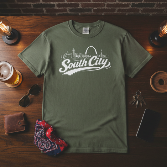 South City St. Louis Shirt Comfort Colors Tee | STL Arch Skyline Graphic | Vintage South City T‑Shirt | Saint Louis Neighborhood Apparel