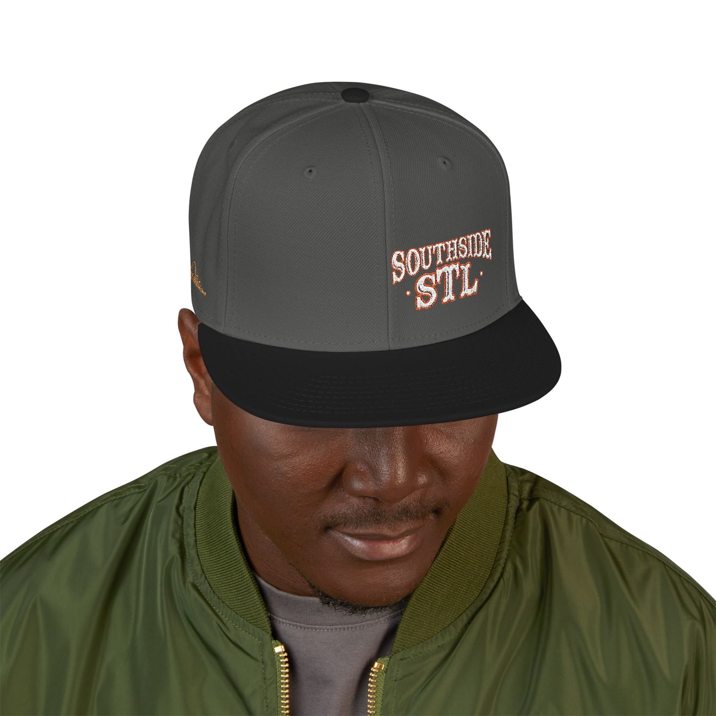 Embroidered Snapback Hat - Southside STL - White & Orange Lettering Printify