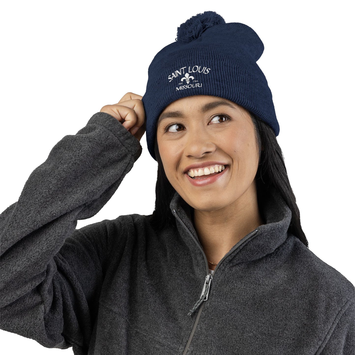 St. Louis Pom Pom Knit Cap — Embroidered Cuffed Beanie