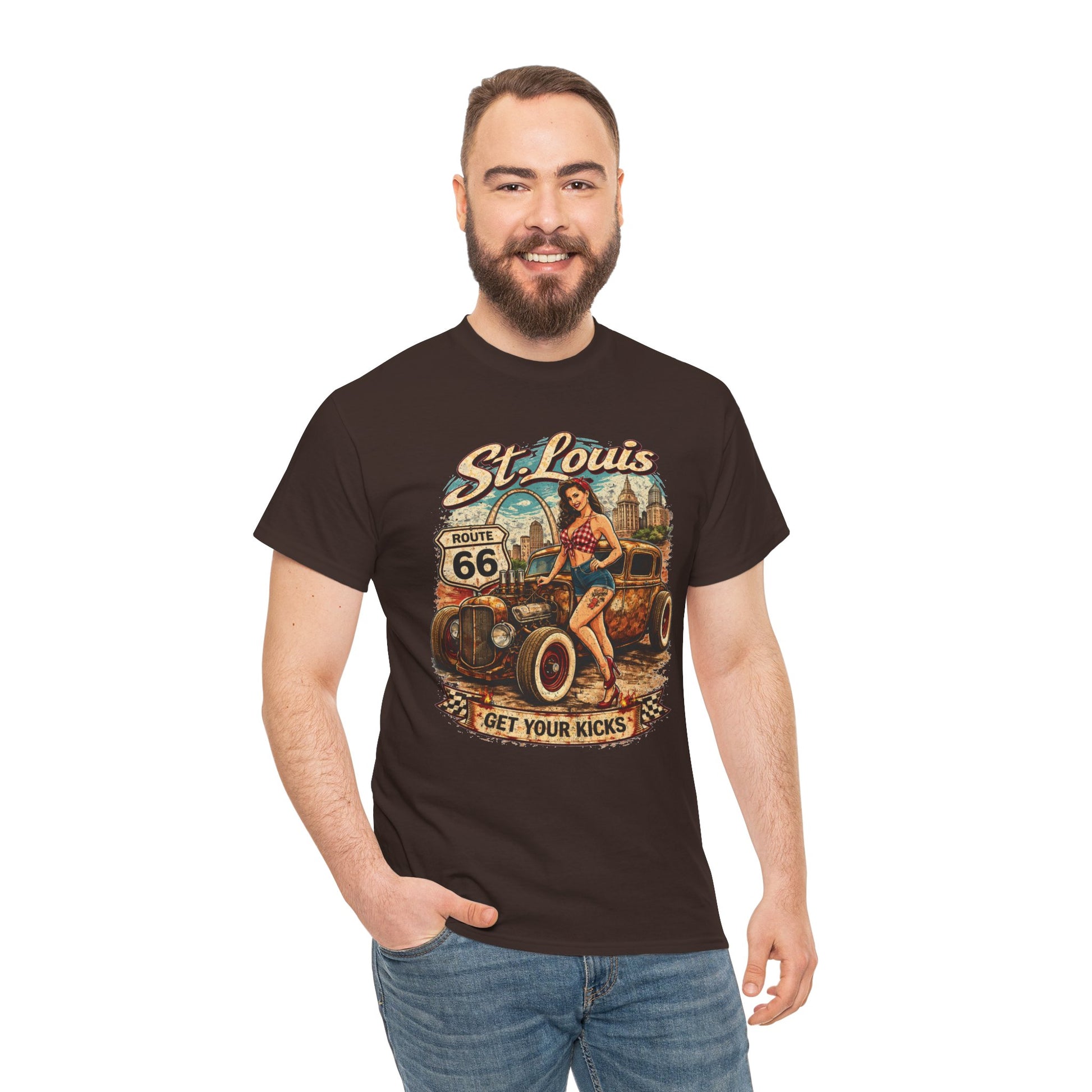 St. Louis Route 66 Vintage Car T‑Shirt — "Get Your Kicks" Retro Road Trip Tee Printify