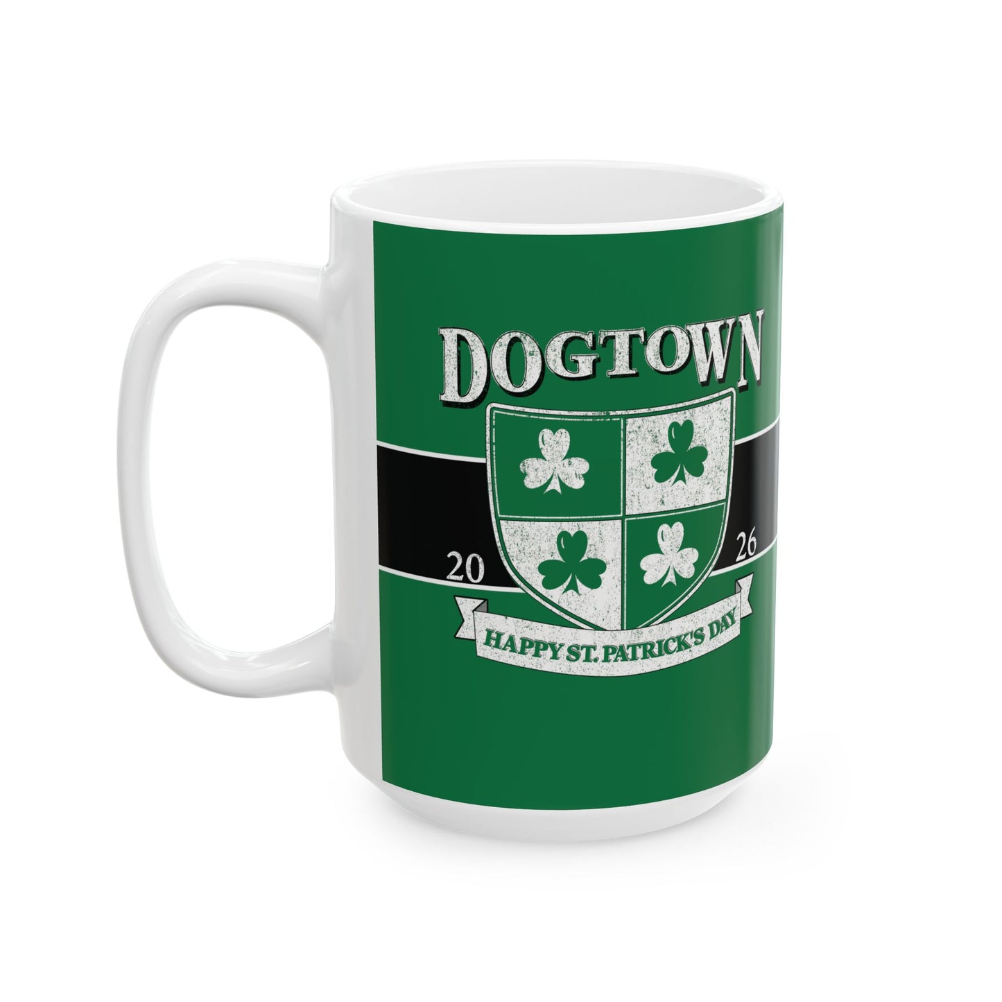 St. Patrick's Day Green Ceramic Mug – 'Dogtown' Crest 11oz/15oz Printify