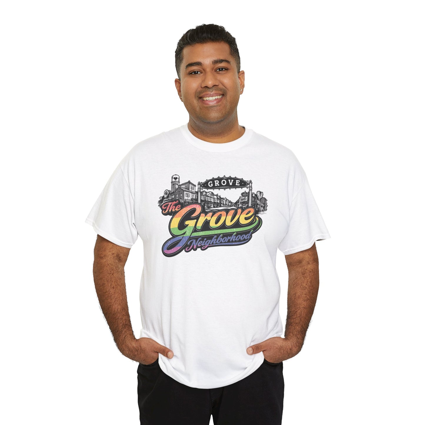 The Grove Neighborhood Tee — Retro Rainbow Logo T-Shirt