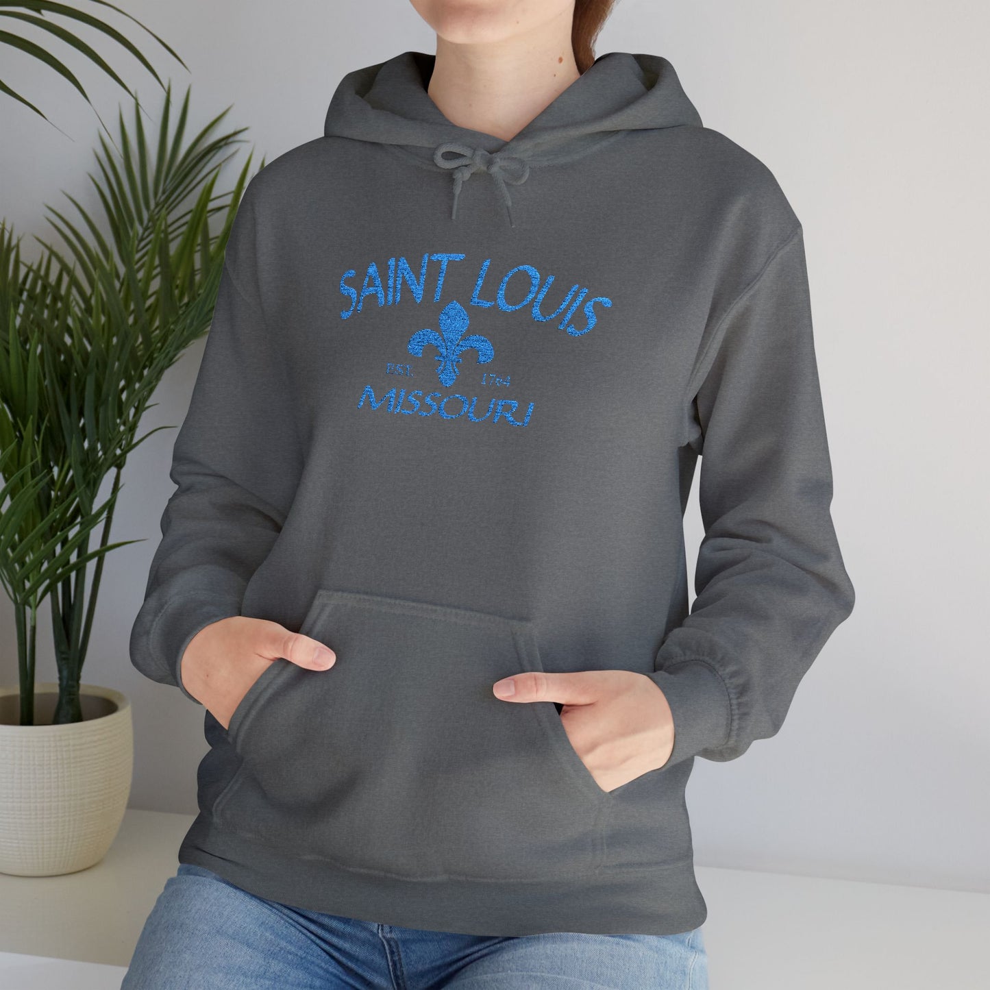 Saint Louis Embroidered Hoodie — Blue Lettering