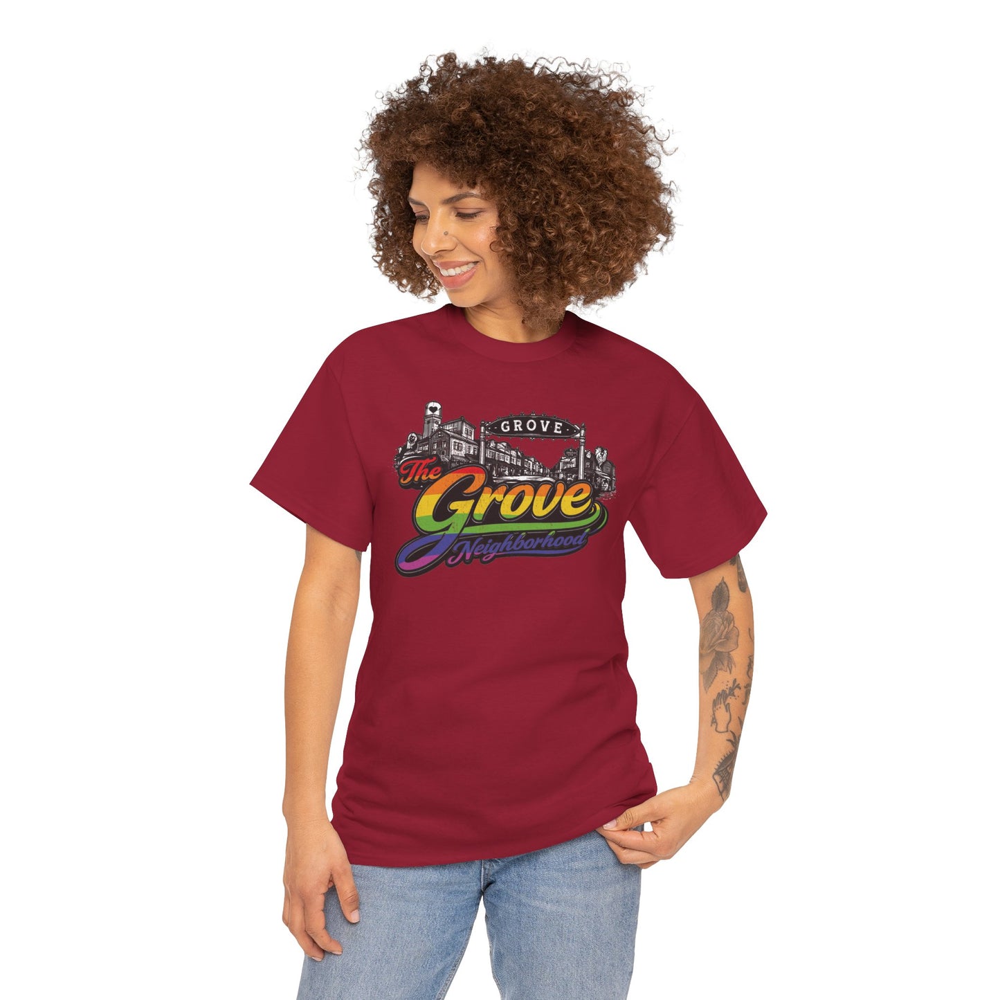 The Grove Neighborhood Tee — Retro Rainbow Logo T-Shirt