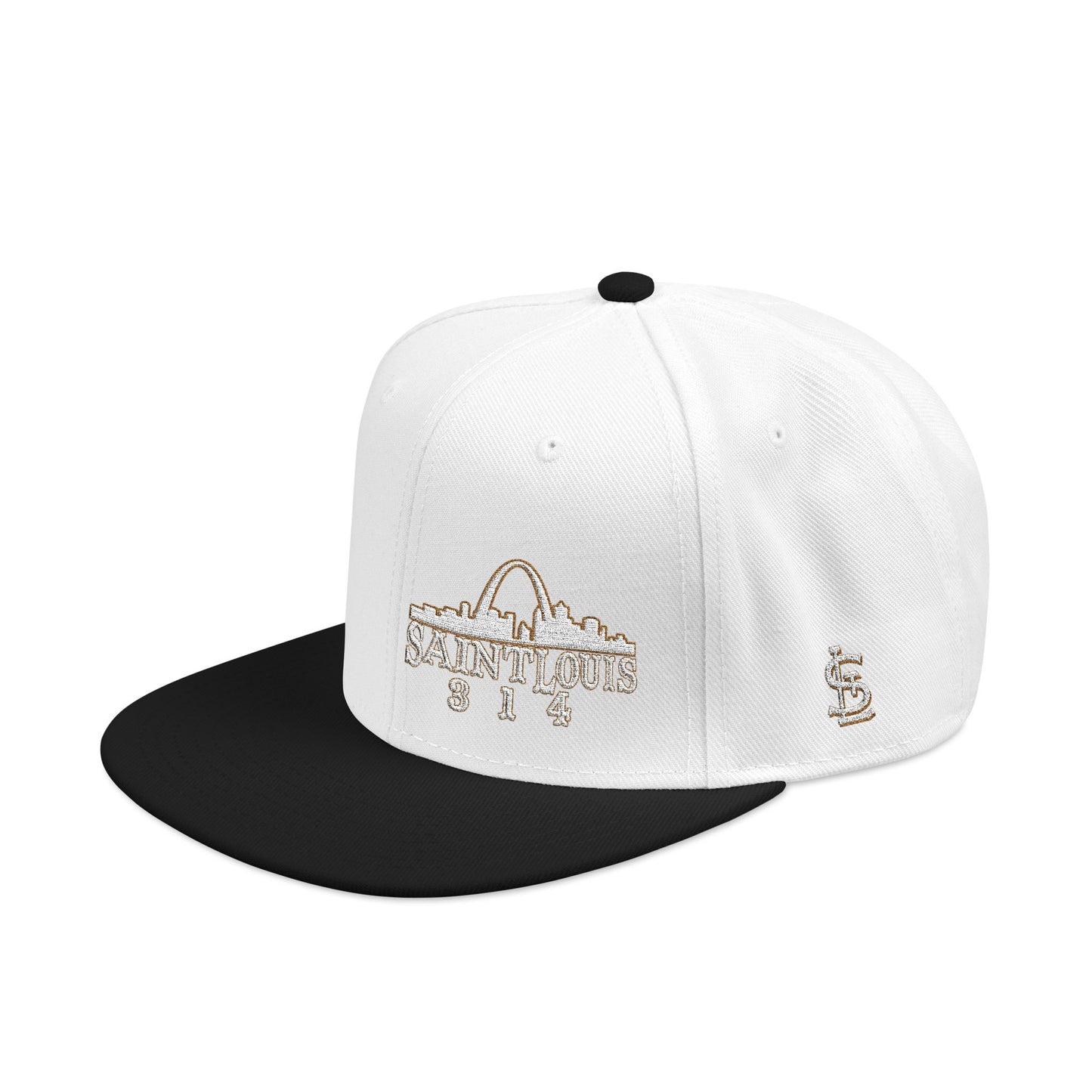 Embroidered Snapback Hat - Saint Louis - White and Gold Lettering Printify
