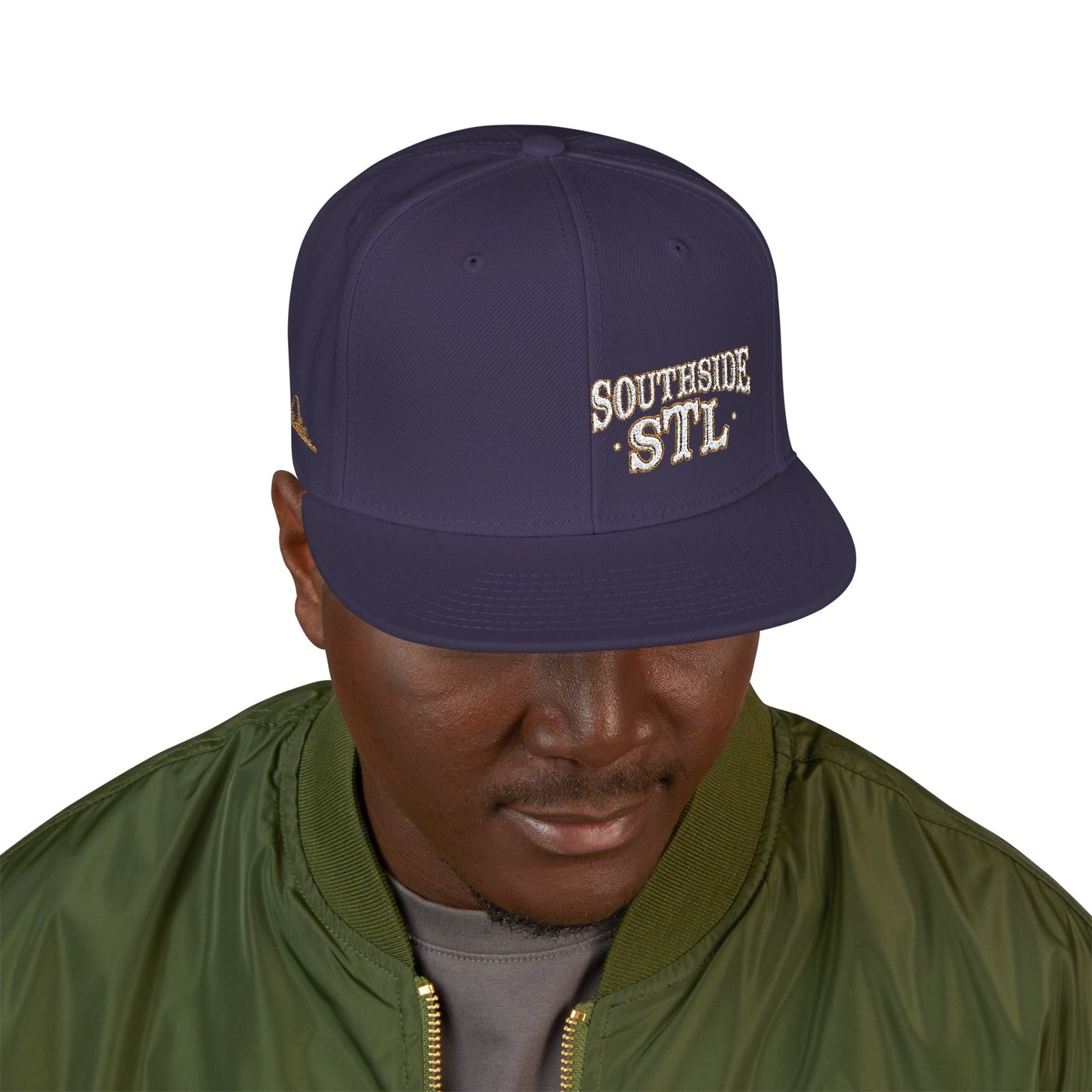 Embroidered Snapback Hat - Southside STL - White & Gold Lettering Printify
