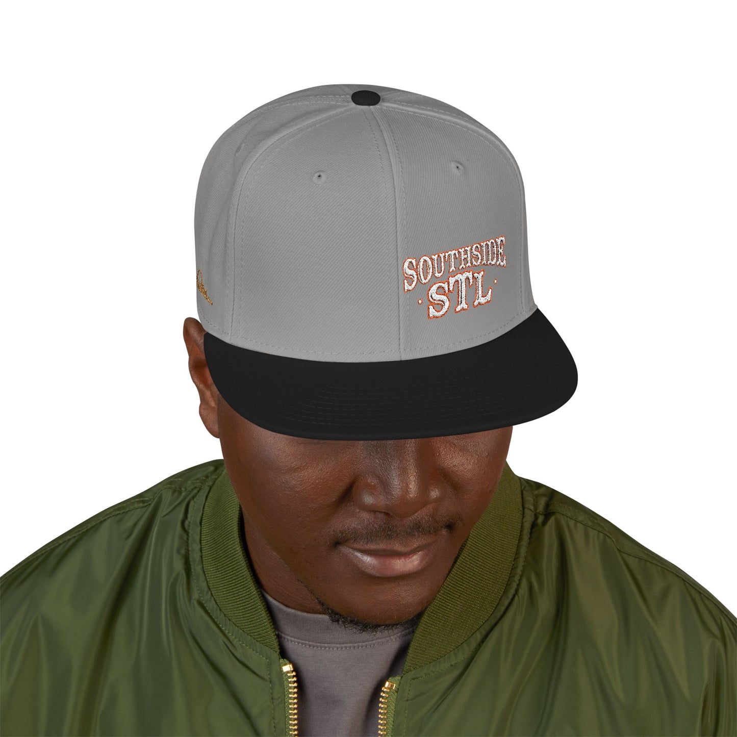 Embroidered Snapback Hat - Southside STL - White & Orange Lettering Printify