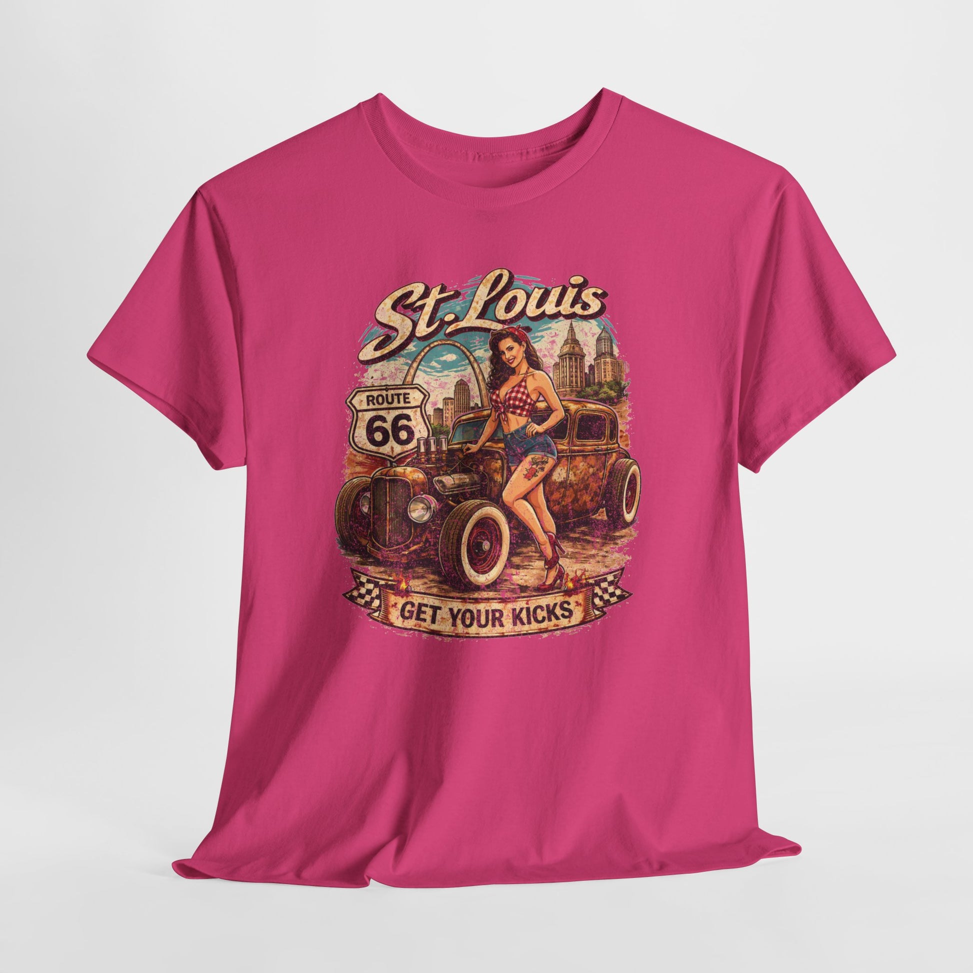 St. Louis Route 66 Vintage Car T‑Shirt — "Get Your Kicks" Retro Road Trip Tee Printify