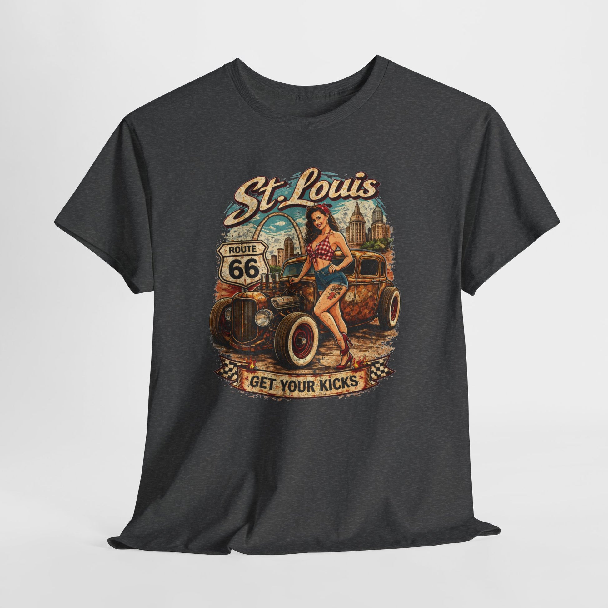 St. Louis Route 66 Vintage Car T‑Shirt — "Get Your Kicks" Retro Road Trip Tee Printify
