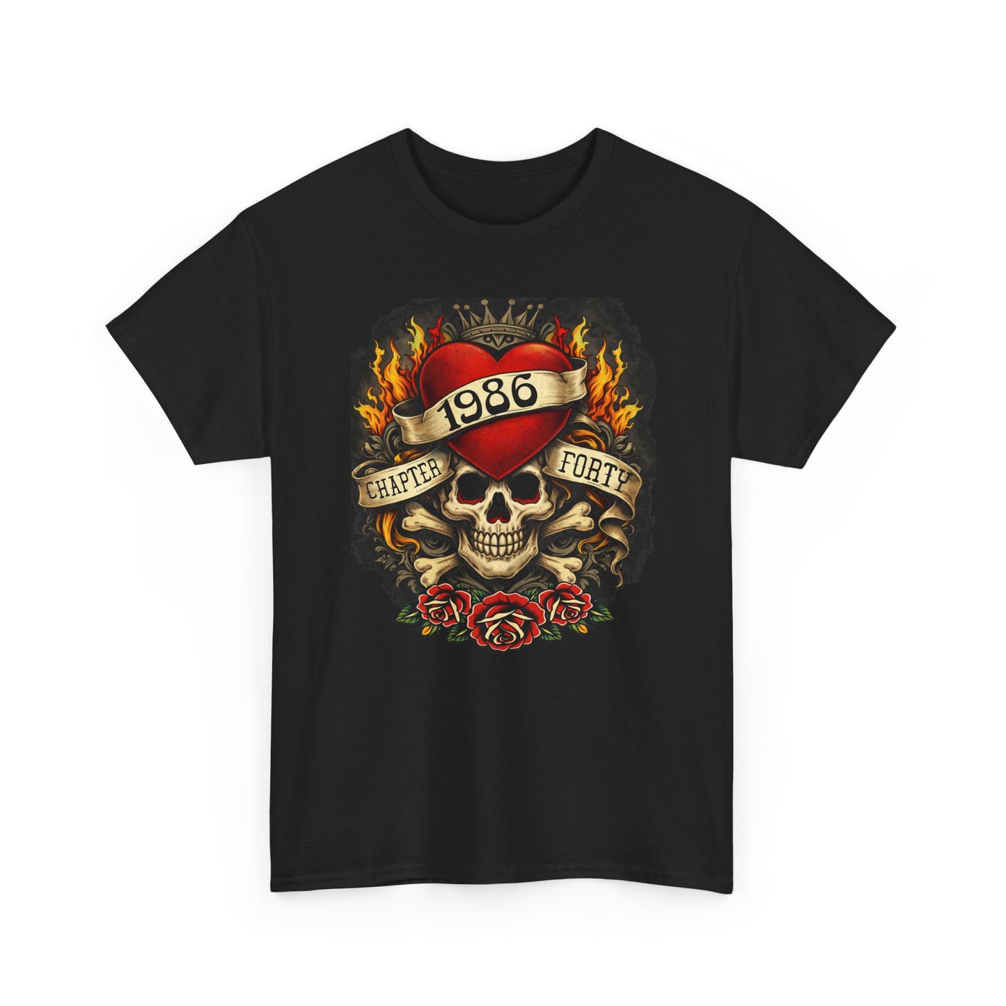 1986 Skull & Roses Tee — Retro Tattoo-Style Graphic Shirt