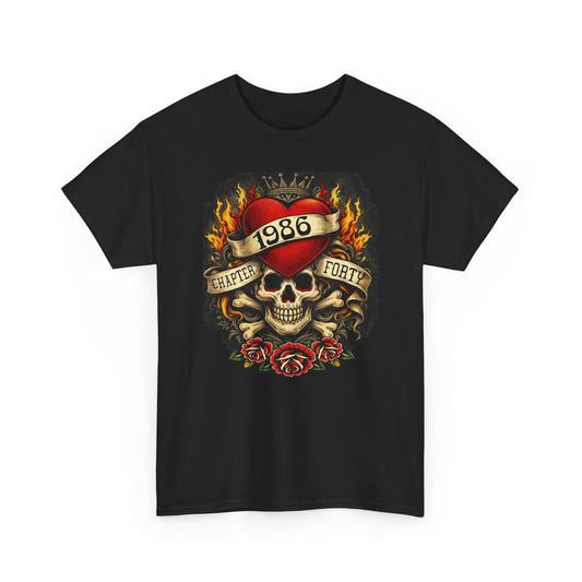 1986 Skull & Roses Tee — Retro Tattoo-Style Graphic Shirt