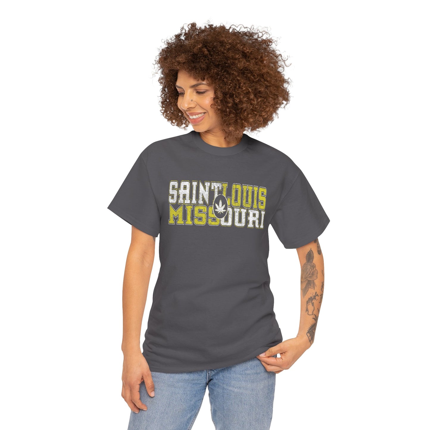 Saint Louis Missouri Tee - Retro Collegiate Cannabis Leaf Design
