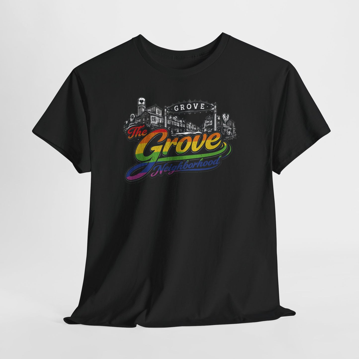 The Grove Neighborhood Tee — Retro Rainbow Logo T-Shirt