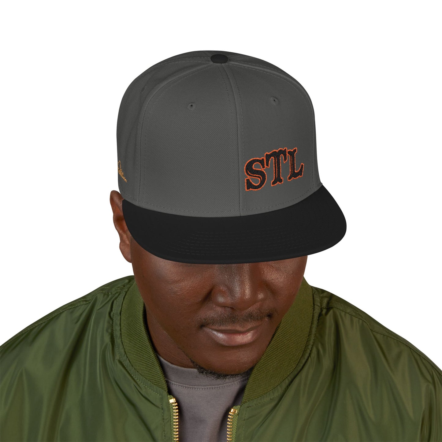 STL Embroidered Snapback Hat- Black & Orange Lettering Printify
