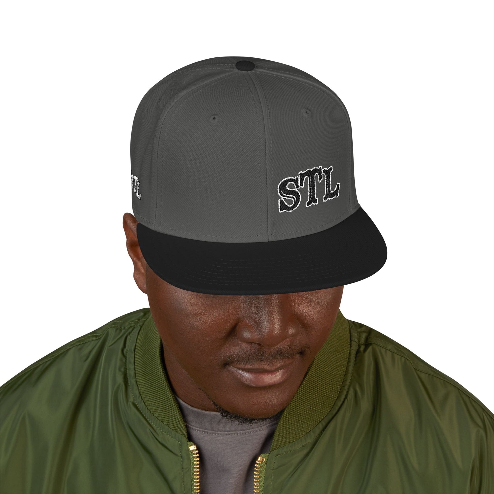STL Embroidered Snapback Hat- Black & White Lettering Printify